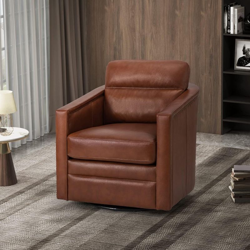 Photo 1 of {{{{SLIGHT TEAR BOTTOM LEG}}}  HOME Modern Barrel Swivel Chair, Genuine Leather Accent Armchair with Removable Cushion, Tub Barrel Club Chair Single Sofa Chair for Living Room, Bedroom, Home Theater, Black Metal Base, Brown