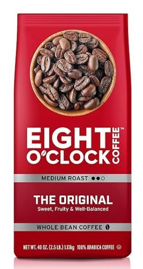 Photo 1 of Eight O'Clock Coffee The Original, 40 Ounce (Pack of 1) Medium Roast Whole Bean Coffee, 100% Arabica, Kosher Certified 50% Decaf
