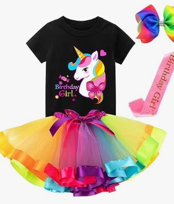 Photo 1 of ***(SEE NOTES)***   Doctor Unicorn Birthday Girls Outfit Set Tutu Skirt, Unicorn Shirt, Headband, Hair Bow & Satin Sash (Purple Tutu/Black Unicorn Head Tshirt, 5-6 Years)