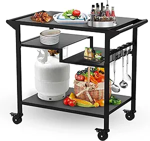 Photo 1 of 20"x 32" Three-Shelf Movable Outdoor Dining Cart Table, Multifunctional Food Prep Table, Outdoor Grill Table with Wheels