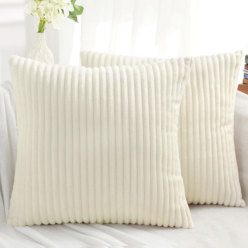 Photo 1 of ( Unknown Size ) Decorative Throw Pillow Covers 18x18 Set of 2, Soft Plush Flannel Double-Sided Fluffy Couch Pillow Covers for Sofa Living Room Home Decor, Cream White