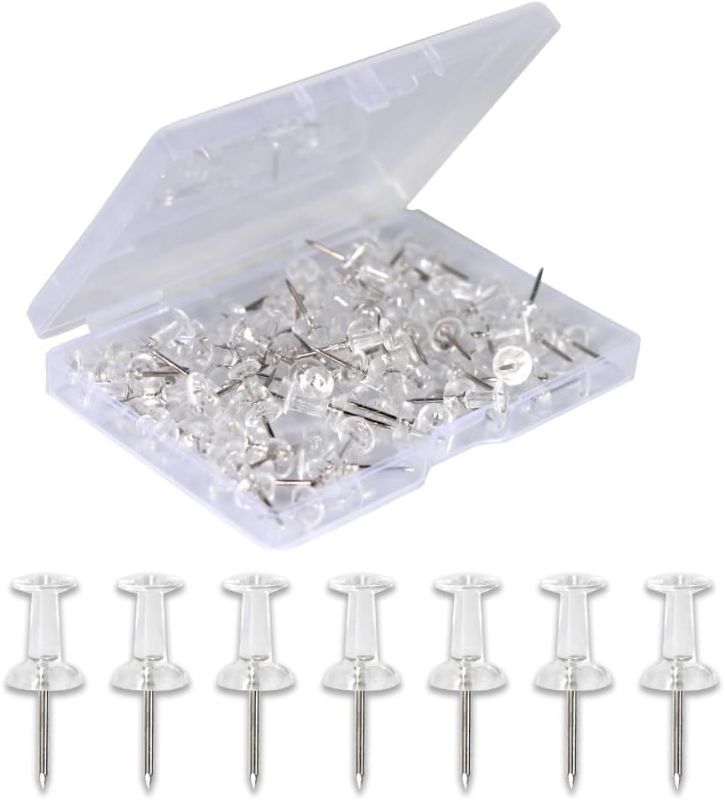 Photo 1 of 100-Pack Push Pins for Bulletin Board, Thumb Tacks with Clear Plastic Tip and Steel Tip, Portable and Durable Wall Tacks Suitable for Cork Board, Office and Daily Life