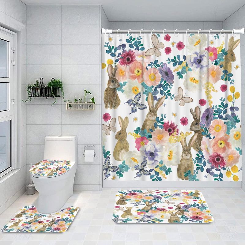 Photo 1 of ***Missing  all mats*** 4Pcs Bathroom Shower Curtain Sets with Non-Slip Rugs, Toilet Lid Cover and Bath Mat, Watercolor Easter Rabbits with Flowers Durable Waterproof Shower Curtain for Bathroom Set with 12 Hooks