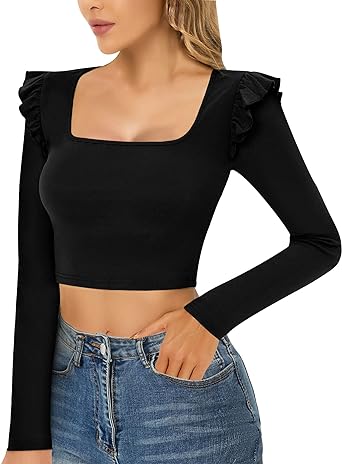 Photo 1 of CLOZOZ Cute Crop Tops for Women Ribbed Square Neck Ruffle Sleeve Going Out Tops for Women Long Sleeve Crop Tops