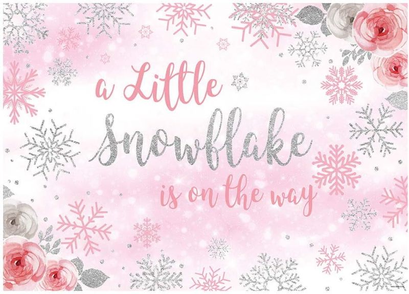 Photo 1 of *** bundle pack*** Funnytree 7x5ft Winter Girl Baby Shower Wonderland Backdrop A Little Snowflake is on The Way Little Princess Party Photography Background Pink Snow Silver Floral Photo Booth Studio ( 2 pack ) 