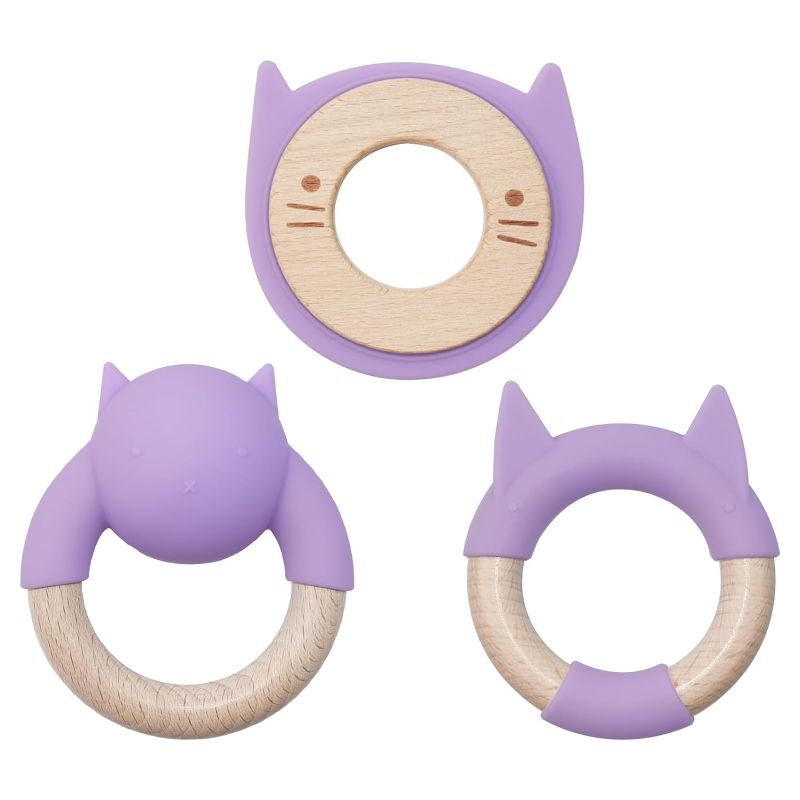 Photo 1 of *** bundle pack *** Baby Teething Toys, Silicone Baby Chew Toys for Soothing Baby Gums, Teethers for Babies 3+ Months,Beech Wood Silicone Baby Teether Toys,Baby Gifts for Girl & Boy,BPA Free-3Pack(Cat,Purple) ( 3 pack ) 