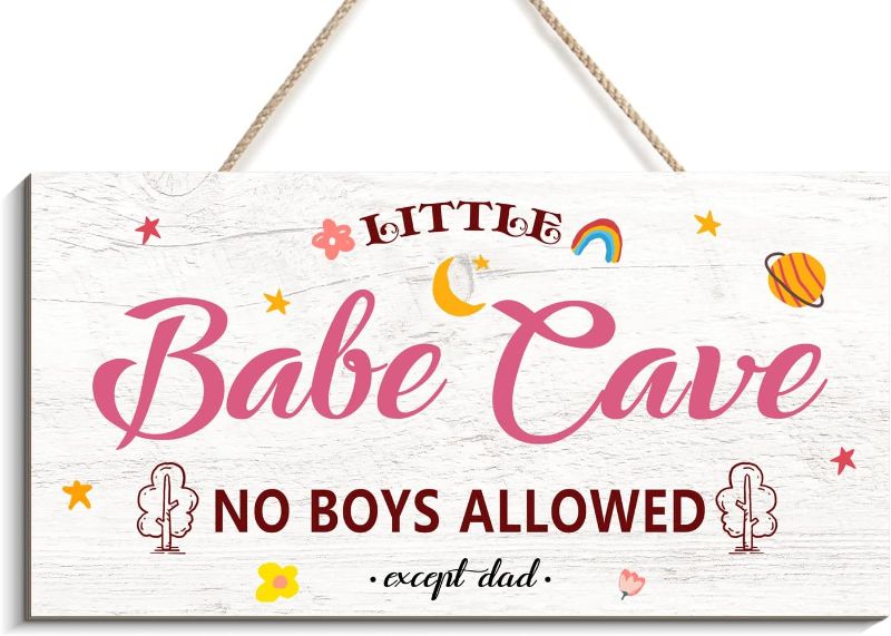 Photo 1 of *** bundle pack *** Little Babe Cave Door Sign Wood Baby Girl Nursery Decor Little Girl Nursery Room Wall Art for Girls Bedroom Living Room Hanging Rustic Woodland Decor Signs for Baby Girl Room