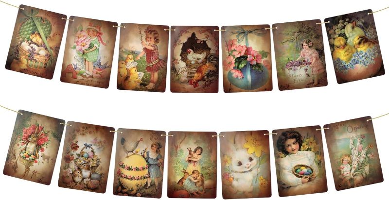 Photo 1 of *** bundle pack *** Vintage Easter Banner, Happy Easter Bunting Banner, 2024 Easter Banner Decorations, Easter Party Banner for Fireplace Mantle, Party Supplies.