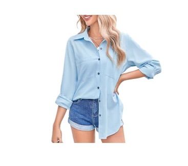 Photo 1 of Qsllina Womens Button Down V Neck Shirts Casual Long Sleeve Blouses Cotton Linen Flowy Loose Fit Collared Shirt Button up Cuffed Sleeve Lightweight Work Office Solid Color Plain Tops with Pockets