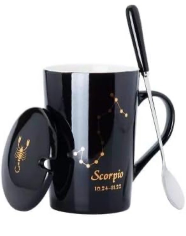 Photo 1 of ( gold spoon ) New Home Mugs Twelve Constellation Creative Couple Drinking Black and White Water Cups Home Drinking Cups Office Coffee Tea (Color : Black Scorpio)