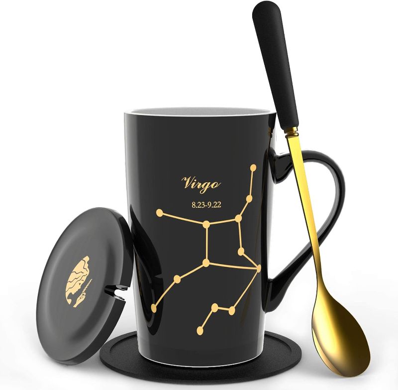 Photo 1 of -15oz Virgo Birthday Gift Ceramic Creative Constellation Zodiac Coffee Mug Set Capacity Upgrade Tea Cup for Cocoa Water Milk Juice (Virgo-Black Gold)