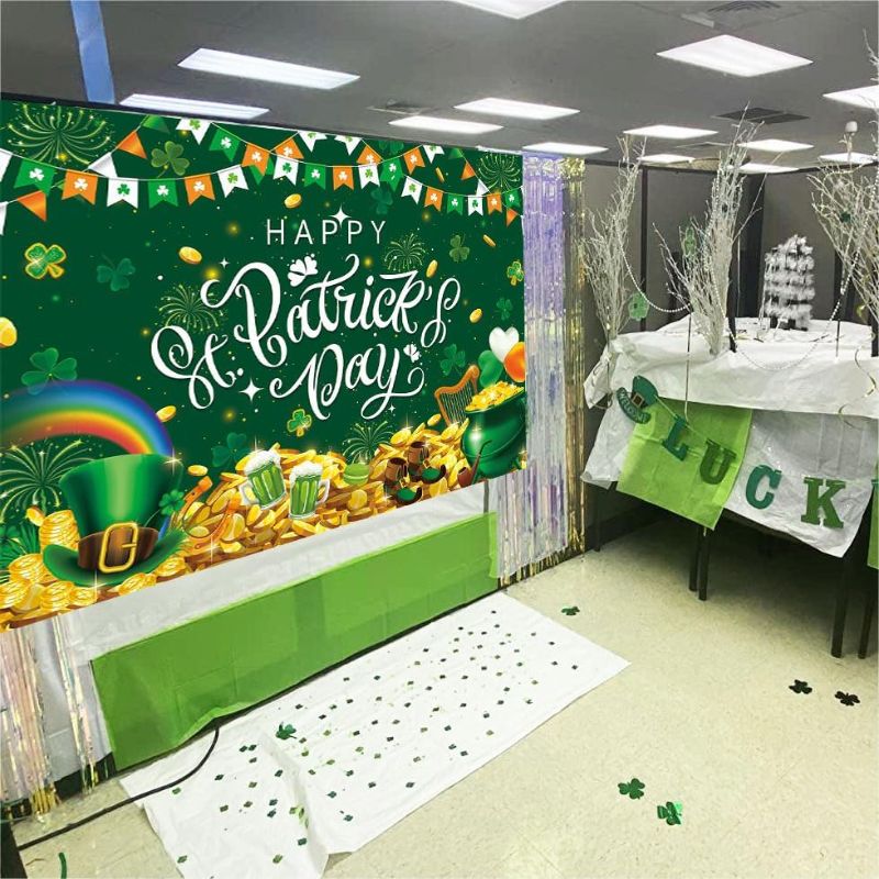 Photo 1 of (**EXAMPLE PHOTO**) 8x6ft St Patricks Day Luck Day Backdrop Gold Coins Pot Irish Green Shamrock St.Patrick's Day Party Parade Background Baby Shower Spring Newborn Luck Backdrop