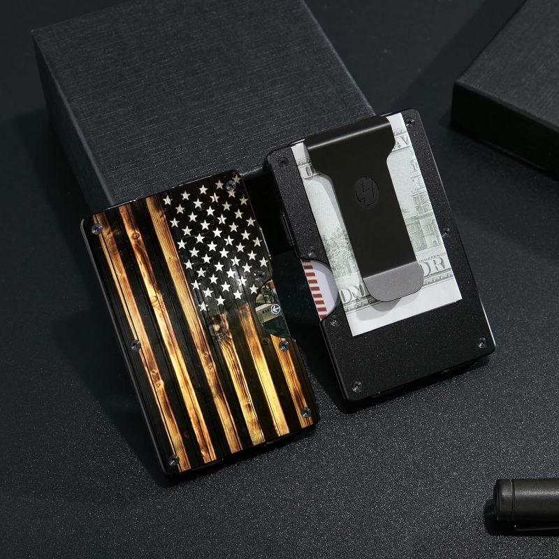 Photo 1 of Minimalist Metal Wallet for Men - Wood Grain American Flag Artcraft - Front Pocket Aluminum Card Holder - Slim RFID Blocking Wallets with Money Clip
