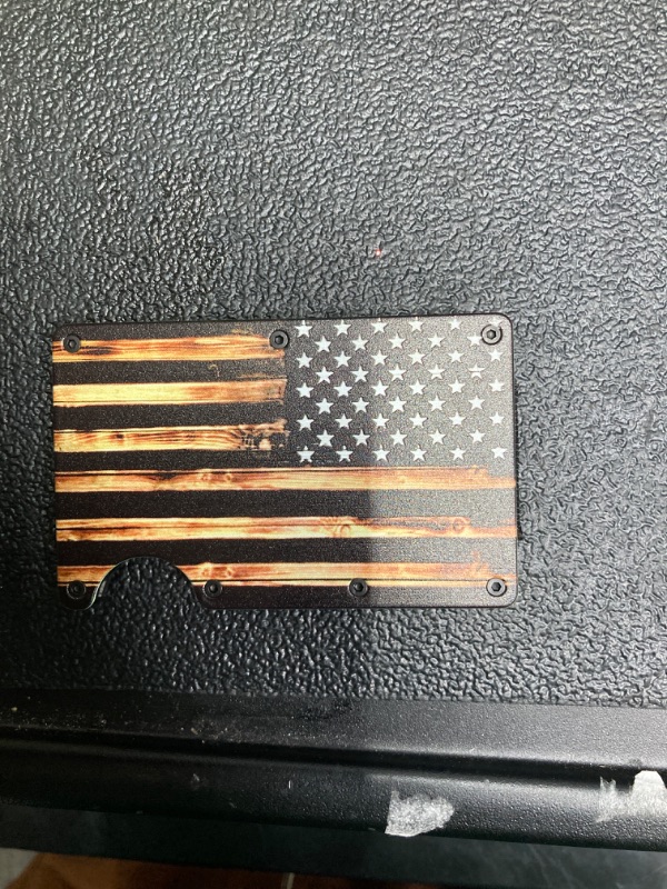 Photo 1 of Minimalist Metal Wallet for Men - Wood Grain American Flag Artcraft - Front Pocket Aluminum Card Holder - Slim RFID Blocking Wallets with Money Clip
