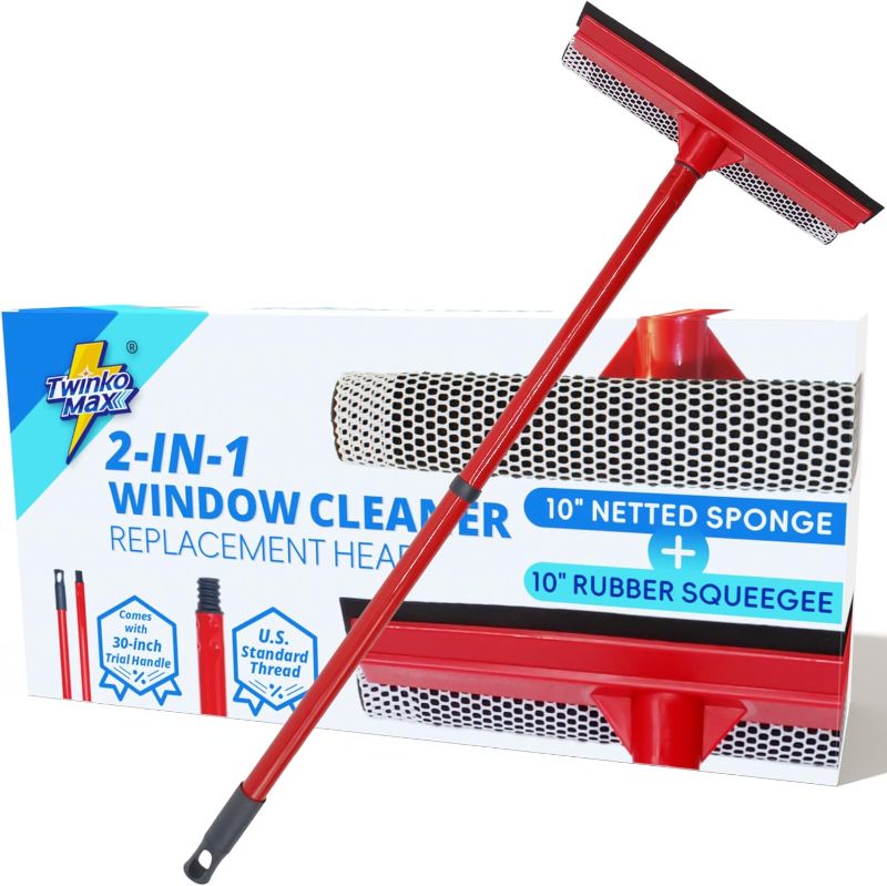 Photo 1 of 2-in-1 Window Cleaner Replacement Head for U.S. Threaded Handle with 10” Rubber Squeegee and Netted Sponge, Comes with 30" Trial Handle, Excellent Glass Cleaner for Mirror, Auto Glass