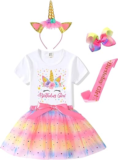 Photo 1 of Birthday Girls Costume – Headband, Shirt, Tutu Skirt Dress, Satin Sash - Unicorn Gifts for Girls