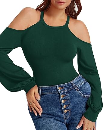 Photo 1 of HERLOLLYCHIPS Womens Puff Long Sleeve Tops Cold Shoulder Fitted Ribbed Shirts