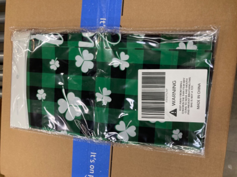 Photo 2 of 3PCS Happy St. Patrick's Day Plastic Tablecloths,54x108In Rectangle Green Irish Clover Table Cloths, Black Green Check Disposable Plastic Table Covers for Irish Day Party Decorations Supplies