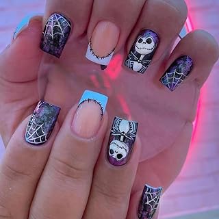 Photo 1 of Halloween Press on Nails Square Short Fake Nails Acrylic Terror French Exquisite Spider Web Ghost Mysterious Holiday Atmosphere Adhesive Tape on Nails Design Nails for Women and Girls 24Pcs