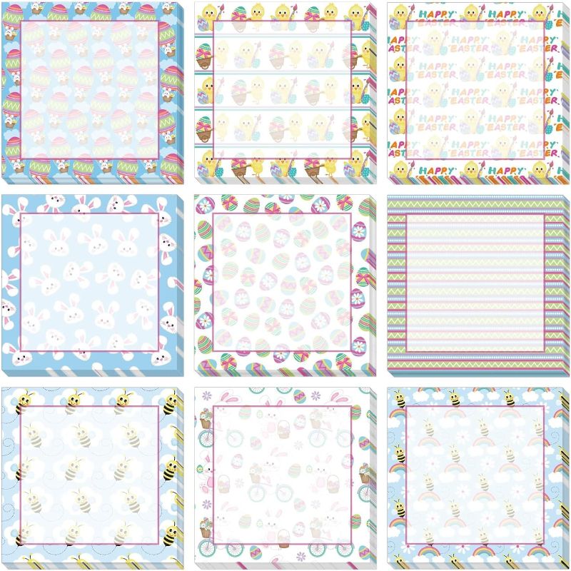 Photo 1 of 9 Pieces Easter Sticky Notes Self-Adhesive Easter Sticky Note Pads Sticky for School Office Home Supplies Students Teachers Presents, 9 Styles