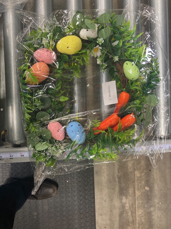 Photo 2 of AFRITEE Easter Front Door Wreath - 13 inch Handmade Green Spring Floral Wreath Garland with Colorful Eggs Carrot Hanging On Decoration for Home Front Door Outdoor Wall Window