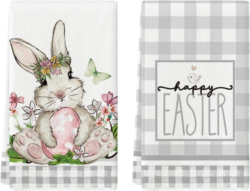 Photo 1 of *** Bundle Pack *** Artoid Mode Silver Buffalo Plaid Rabbit Bunny Happy Easter Kitchen Towels Dish Towels, 18x26 Inch Spring Eggs Flower Decoration Hand Towels Set of 2 ( 2 pack )