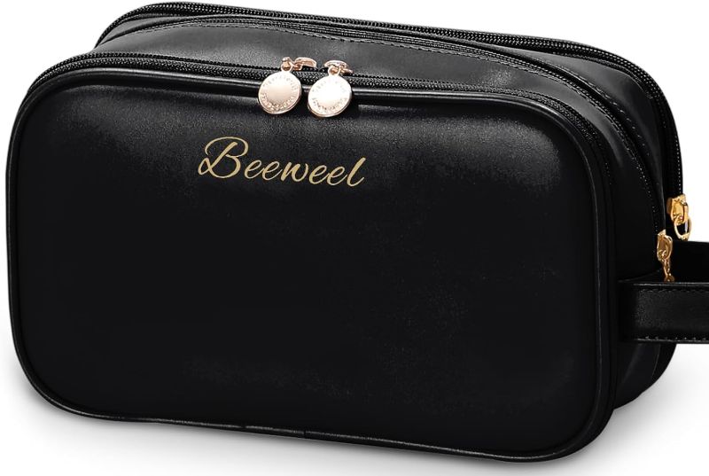 Photo 1 of Makeup Bag, Three Layer Portable Cosmetic Bag with Brush Compartment, Waterproof PU Leather Travel Makeup Bag Toiletry Bag, Large Capacity Cosmetic Bags for Women and Girls?Black?