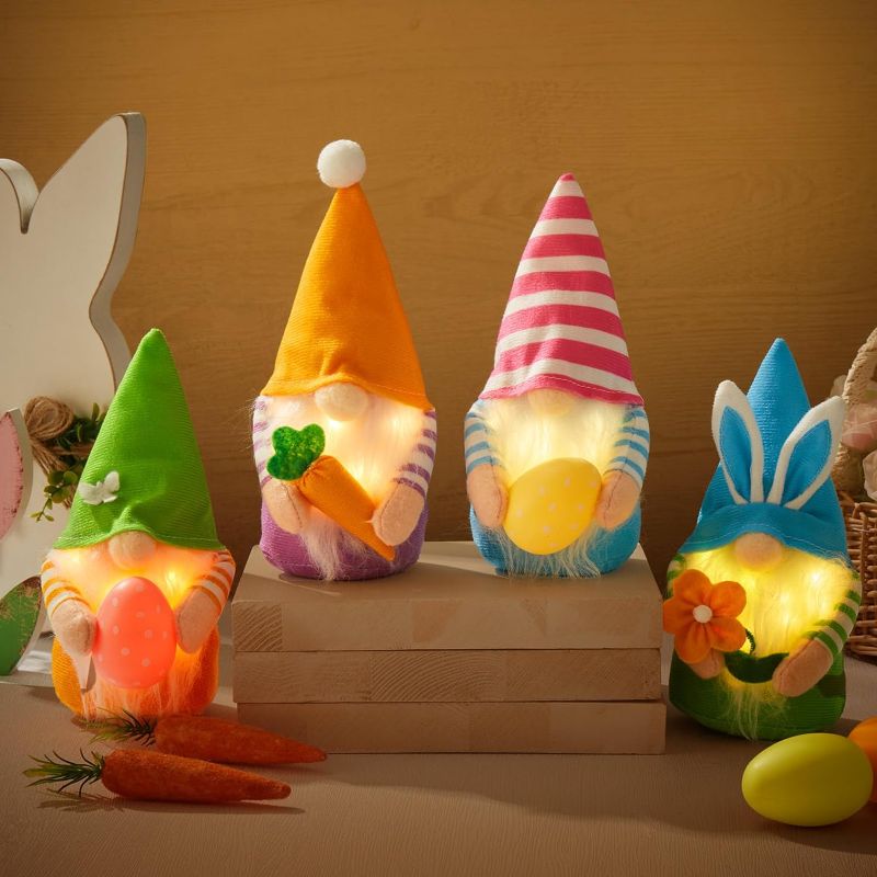 Photo 1 of *** Bundle Pack *** ShinyRelief 4 Pcs Lighted Easter Gnome Decorations Plush Easter Bunny Egg Carrot Handmade Swedish Tomte Elf Stuffed Doll Rabbit Gifts for Easter Theme Party Favor Kitchen Table Gift Table Ornament ( 2 Pack ) 