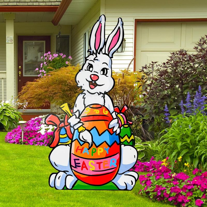 Photo 1 of Easter Decorations Outdoor 40 Inch Easter Yard Signs with Stakes, Cute Bunny Eggs Durable Easter Garden Lawn Porch Sign Waterproof Spring Home Decor