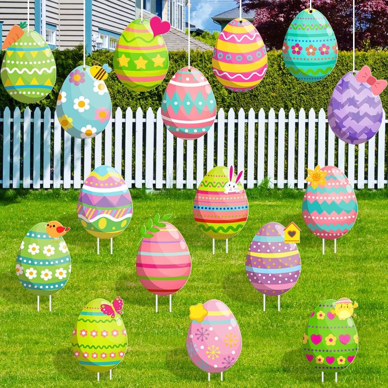 Photo 1 of *** Bundle Pack *** Whaline 16Pcs Easter Eggs Yard Signs, Colorful Hanging Floral Stripes Eggs Ornament Outdoor Lawn Decoration Colorful Easter Egg Lawn Sign with Stakes Egg Cutout Cards for Birthday Party Banner Garland ( 3 Pack ) 