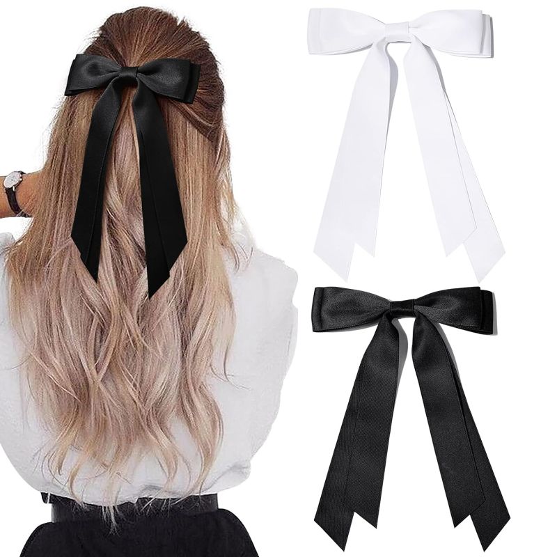 Photo 1 of *** Bundle Pack *** 2PCS Hair Bows Hair Clip, Silky Satin Hair Ribbon Ponytail Holder Slides Metal Clips Hair Bow for Women Girls Toddlers Teens Kids Hair Accessories (Hair Bows-Black+White-C) ( 4 Pack ) 