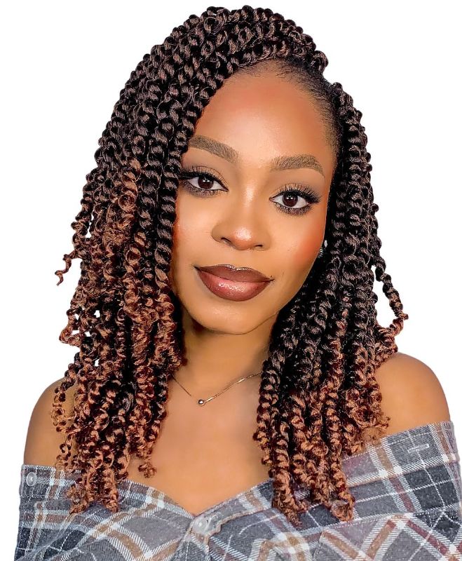 Photo 1 of **EXAMPLE PHOTO** 14 Inch Passion Twist Crochet Hair 7 Packs Short Pre-twisted Crochet Passion Twist Ombre Light Brown Pre-looped Braids (T30, Ombre Light Brown)