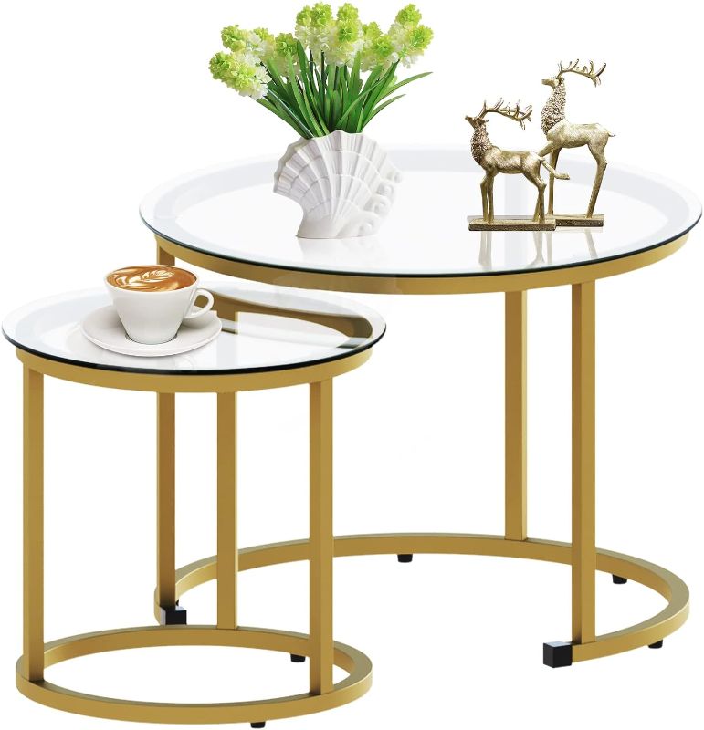 Photo 1 of aboxoo Gold Nesting Coffee Table Set of 2, Small Glass Nesting Tables for Living Room Bedroom, Accent Tea Table with Metal Frame Modern Industrial Simple