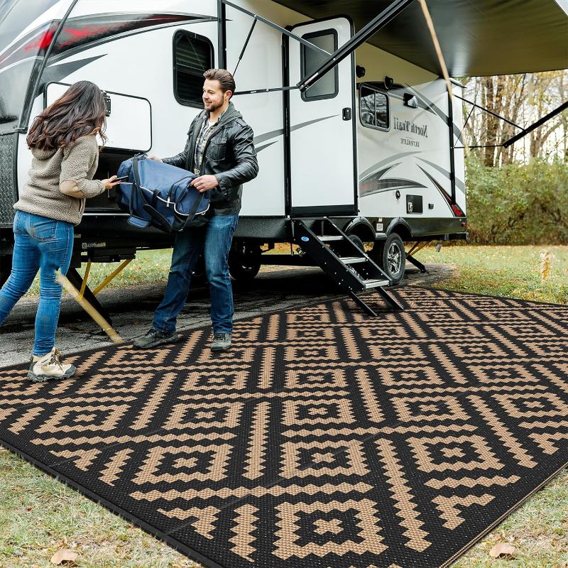 Photo 1 of (**EXAMPLE PHOTO **) Outdoor Rug for Patio Clearance, Waterproof Large Camping Mat, Reversible Plastic Straw Rugs for RV, Camper, Balcony, Backyard, Picnic, Deck (Black & Brown) unknown size 