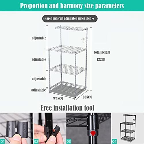 Photo 1 of Baker's Rack Kitchen Microwave Oven Stand, 4-Tier Metal Utility Storage Shelf with Mesh Panel, 5 Hooks, Height Adjustable Free Standing Rack for Kitchen, D 35W 58H 122CM (Color : Gold)
