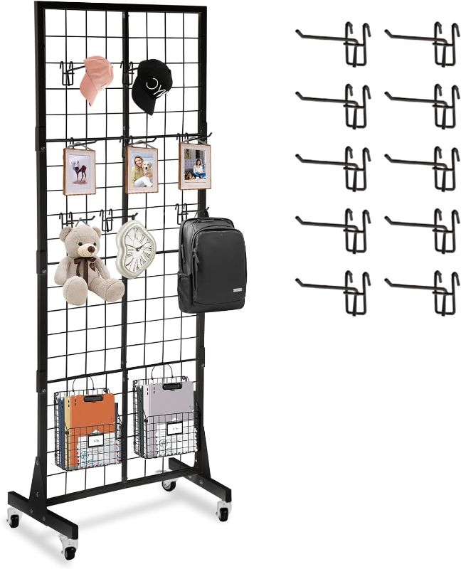 Photo 1 of 2' x 5.5' Gridwall Panel Display Stand, Grid Wall Panels Tower with T-Base Floorstanding, Extra Hooks, Detachable Grid wall Panel for Easy Transport, Display Rack for Retail and Craft Fair (Black)