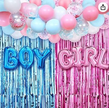 Photo 1 of 2 Pack 35 Pieces Gender Reveal Decorations Party Supplies, Boy or Girl Foil Balloons, Metallic Tinsel Foil Fringe Curtain, Balloon Arch Strip, Gender Reveal Party Baby Photo Backdrop (Blue and Pink Series)
