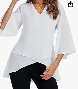 Photo 1 of LYANER Women's V Neck Asymmetrical Hem Bell Long Sleeve Swing Chiffon Blouse Shirt Tops Grey Large