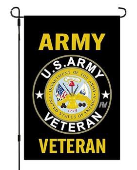 Photo 1 of **CHECK NOTES**  2 Pack Dzangas United States of America Army Veteran Emblem Flag 12x18 Inch Double Sided Heavy Duty Veteran Garden Flags with Vivid Color and Fade Resistant for Outside, Army Gold Crest Military Flags for Yard Lawn decoration