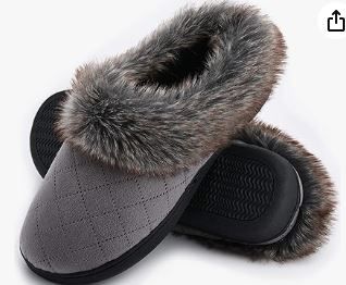 Photo 1 of DL Memory Foam Winter House Slippers for Women With Fur Collar, Cozy Womens Soft Warm Closed Indoor Slippers Non-Slip, Comfy Woman Houseshoes Home Slipper Grey11-12