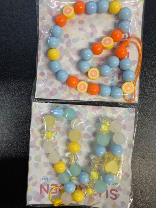 Photo 1 of 2 Pack Surgarden Handmade Beaded Phone Charm Wrist Strap Cute Lanyard Kawaii Keychain for Girls Accessories for Decoration Unique Gift for Woman (Blue Orange & Blue, Yellow & Clear)
