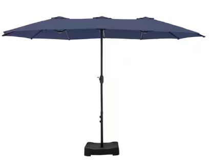 Photo 1 of 15 ft. Market Patio Umbrella 2-Side in Blue With Base and Sandbags
