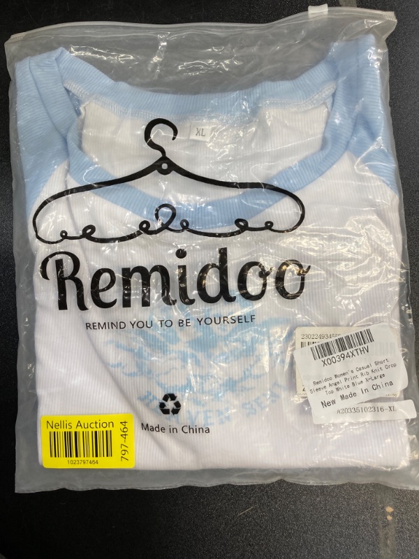 Photo 2 of Remidoo Women's Casual Short Sleeve Letter Print Rib Knit Crop Top T Shirt X-Large White Blue