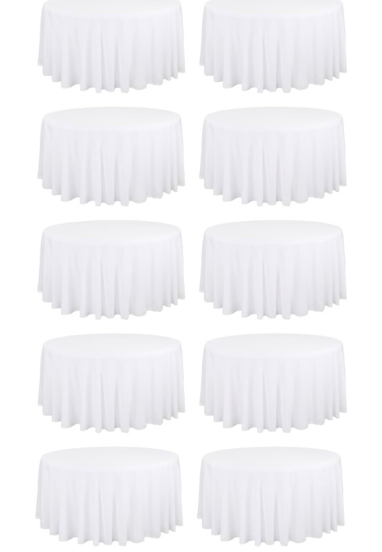 Photo 1 of 10 Pack White Tablecloths for Round Tables 120 Inch Tablecloth Round Table Cloths Polyester Tablecloths for Rectangle Tables Fabric Tablecloth Washable Tablecloth for Wedding Party