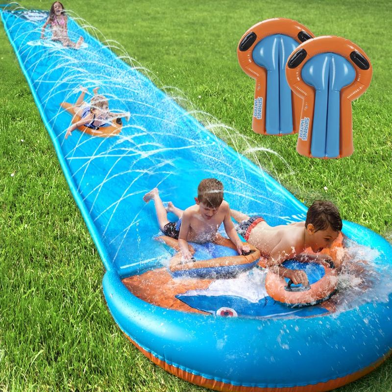 Photo 1 of 31.5FT Slip Water Slide, Extra Long Slip Lawn Water Slides for Kids Adults Backyard with 2 Inflatable Bodyboards and Sprinkler, Summer Outdoor Splash Water Toys