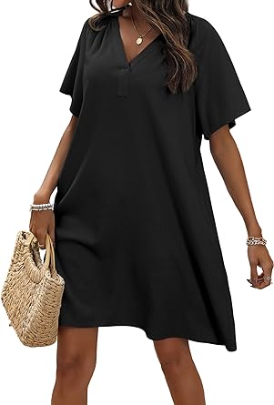 Photo 1 of FENSACE Womens Linen Midi Dress V Neck A Line Shift Dresses with Pockets for Summer Casual Flowy Dress