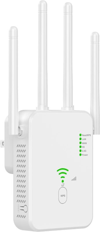 Photo 1 of WiFi Extender, 1200Mbps Wall-Through Strong WiFi Booster for Home, Dual Band 5GHz/2.4GHz, Covers Up to 4800 Sq.ft and 50 Devices, with Ethernet Port & AP Mode, 4 Antennas 360° Full Coverage