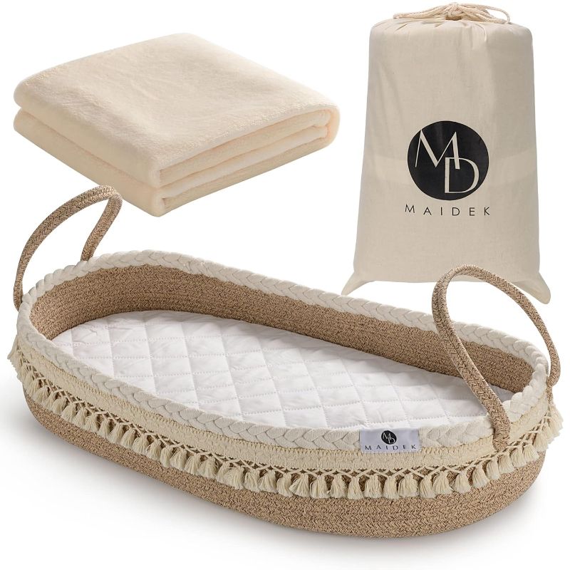 Photo 1 of Baby Changing Basket - Handmade Woven Cotton Rope Moses Basket - Changing Table Topper with Mattress Pad, Removable Cover, Soft Blanket, Furniture - 29x16x4.7"