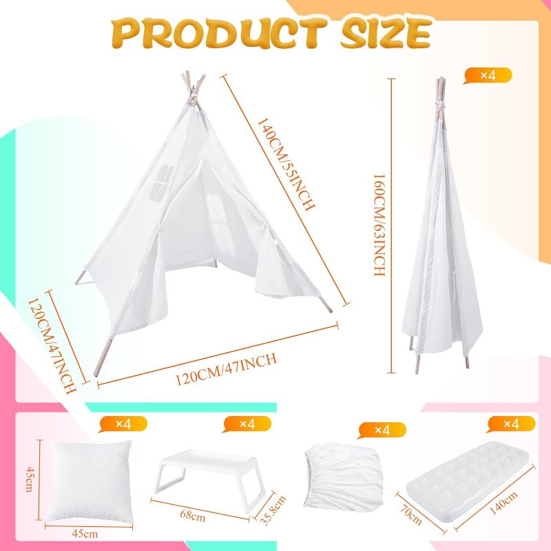 Photo 1 of 4 Sets Kids Teepee Tent with Mattresses, Lights, Fitted Sheet, Blankets Personalized Toddler Play Tent Washable Foldable for Girls Boys Birthday Slumber Sleepover Party