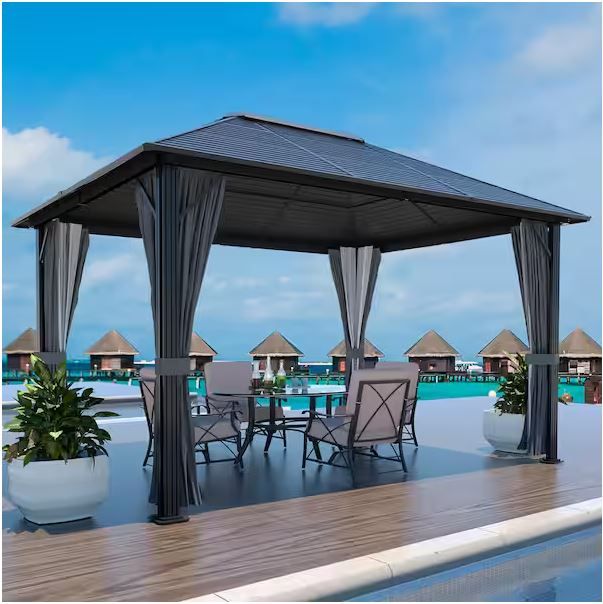 Photo 1 of ***ONLY COMES WITH ONE  BOX***
VEIKOUS 12 ft. W x 10 ft. L x 8.7 ft. H Aluminum Hardtop Gazebo with Grey Curtains and Netting